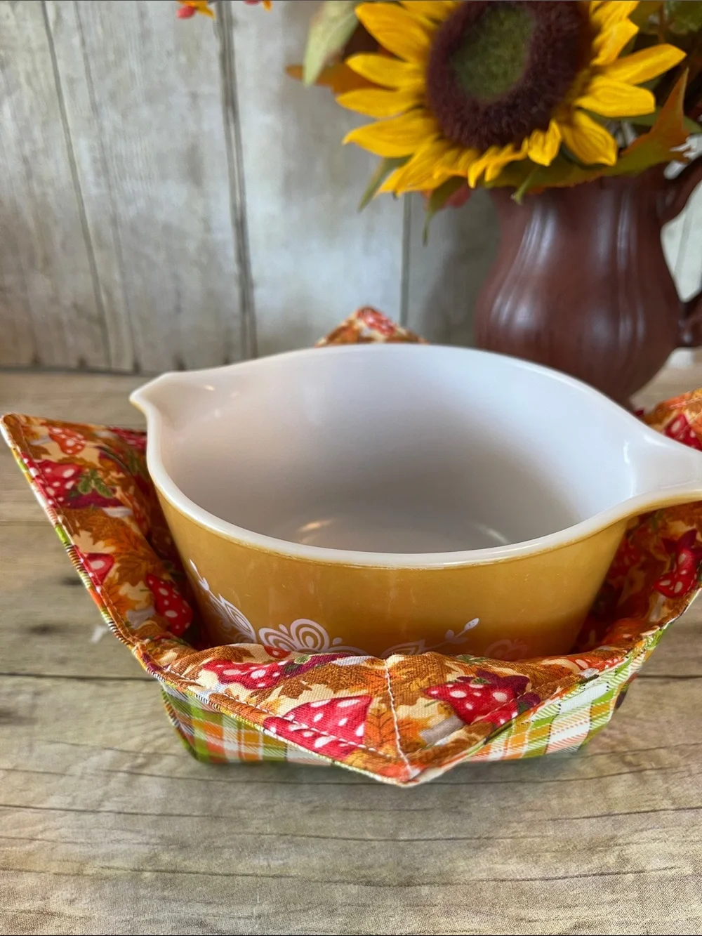Microwave Bowl Cozy Fabric Bowl Fall/Autumn Mushrooms/Plaid Orange Brown Red